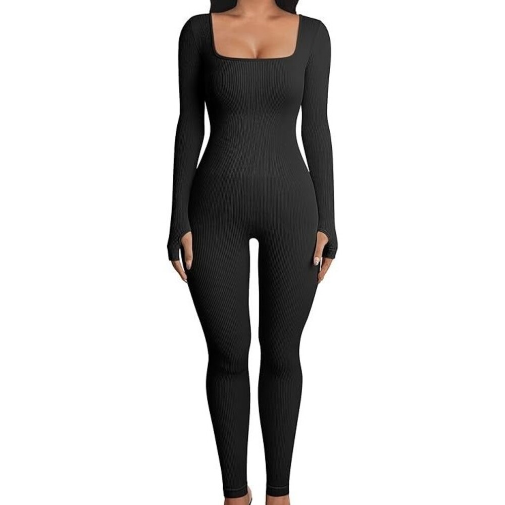 OQQ Size Large Ribbed Women Jumpsuit Black One-Piece Slimming Long Sleeve NEW